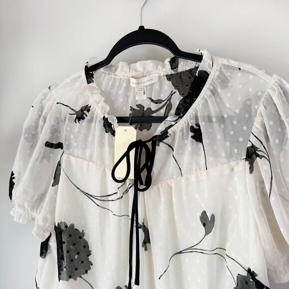Monteau Los Angeles Blouse Floral NWT L Lined Cream Black - Picture 6 of 9